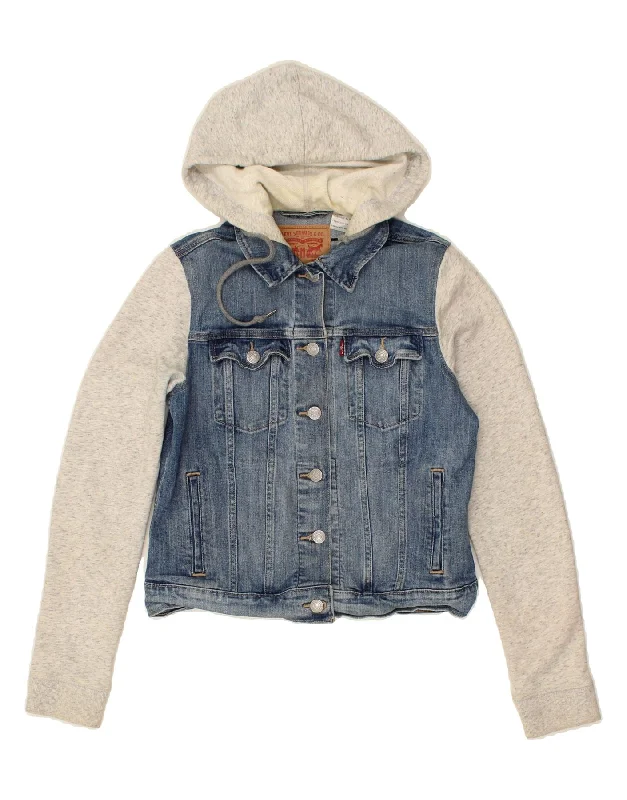 LEVI'S Womens Crop Hooded Denim Jacket UK 10 Small Grey Colourblock Cotton