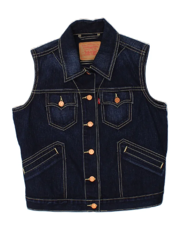 LEVI'S Womens Denim Gilet UK 14 Large Navy Blue Cotton