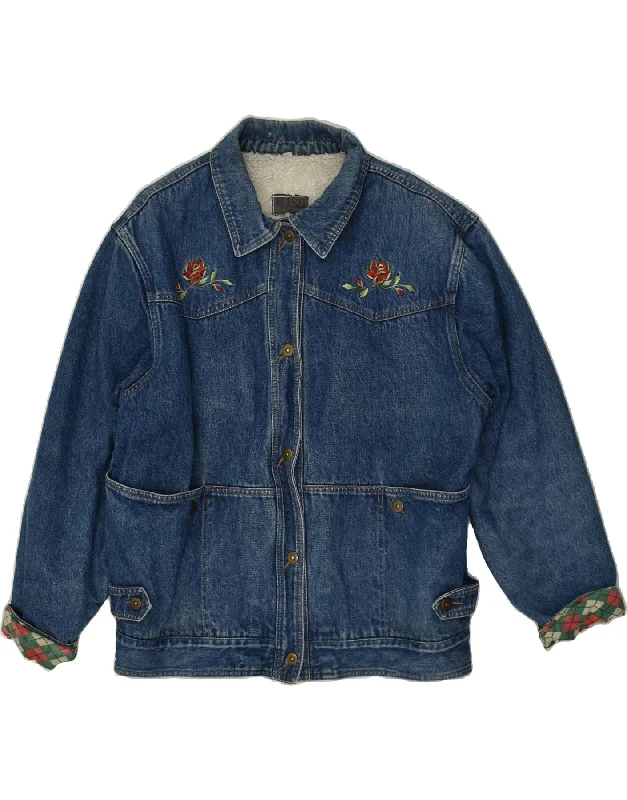 MASH Womens Denim Sherpa Jacket UK 14 Large Blue Floral Cotton