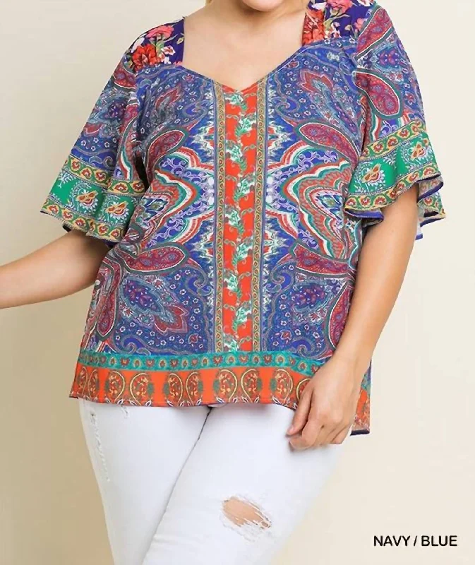 Paisley Scarf Print Bell Sleeve Plus Blouse In Navy/blue