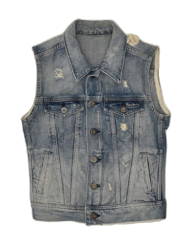 PEPE JEANS Womens Crop Distressed Denim Gilet UK 10 Small Blue Cotton