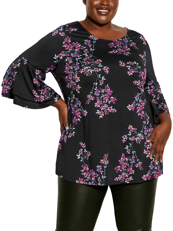 Plus Belview Womens Floral Print Bell Sleeve Blouse