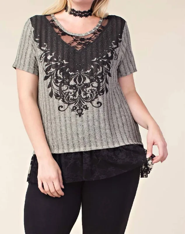 Plus Top With Print And Black Lace Bottom In Gray