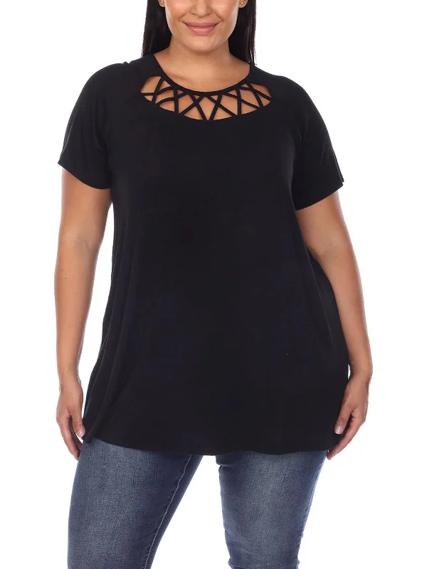 Plus Womens Cut-Out Round Neck Blouse