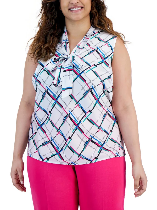 Plus Womens Geometric Tie-Neck Blouse