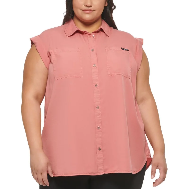 Plus Womens Tencel Collared Button-Down Top