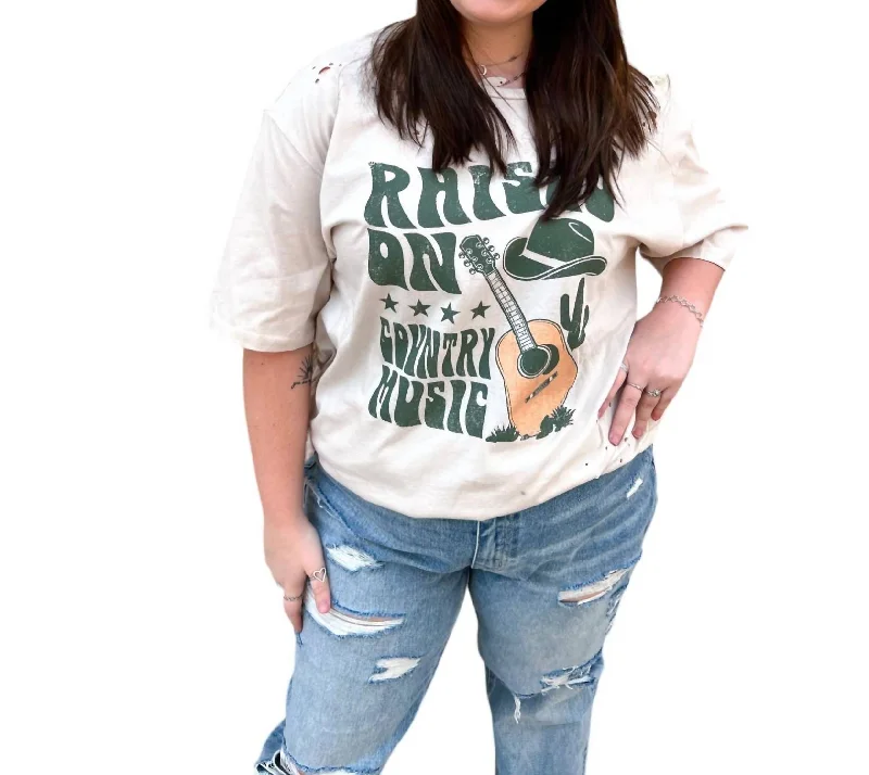 Raised On Country Music Distressed Rocker Tee Plus In White