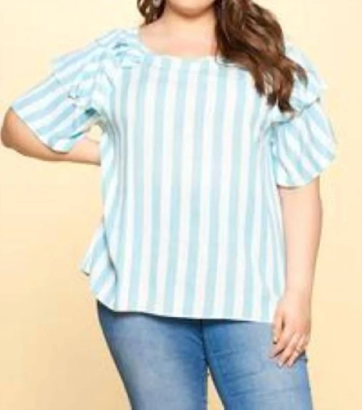 Ruffle Sleeve Plus Top In Sky Blue And White Stripe