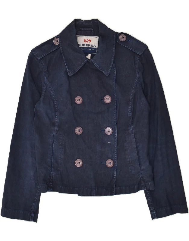 SUPERGA Womens Double Breasted Denim Jacket IT 40 Small Navy Blue Linen