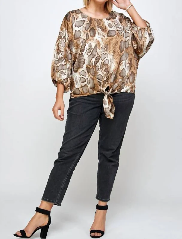 Tie Front Blouse Plus In Brown Animal Print