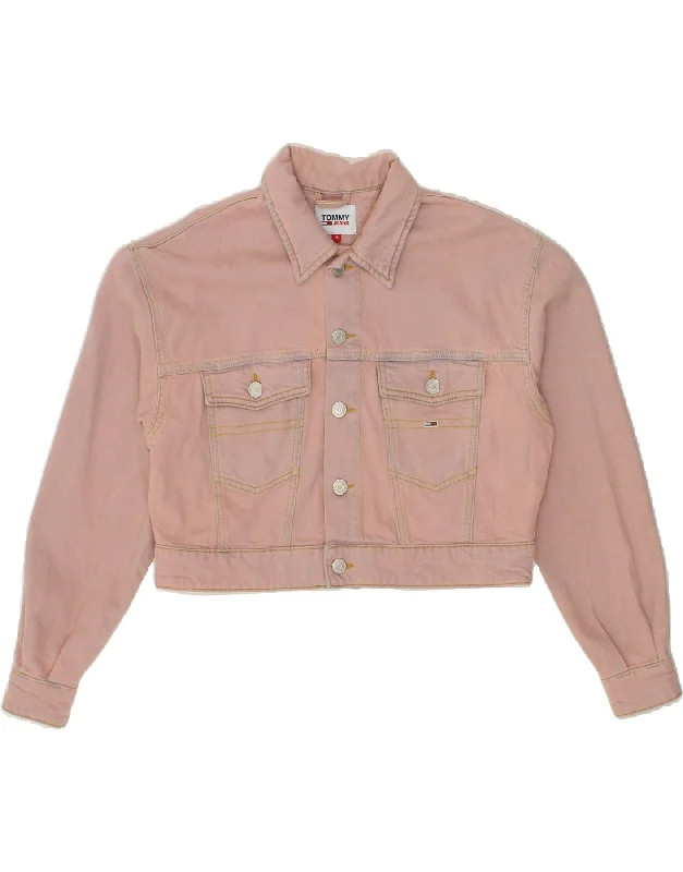 TOMMY JEANS Womens Crop Denim Jacket UK 14 Medium Pink Cotton