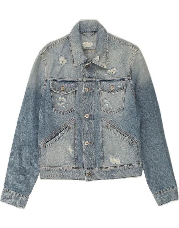 VINTAGE Womens Distressed Denim Jacket UK 14 Medium Blue