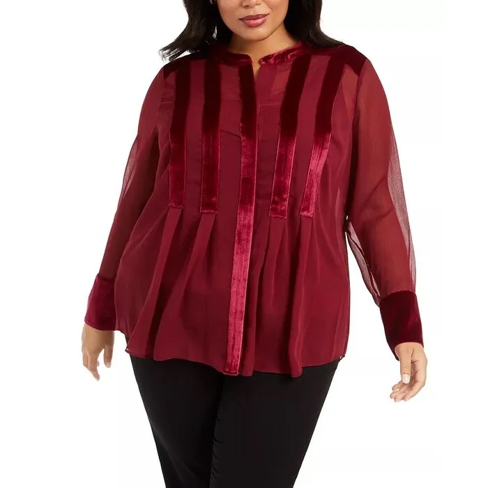 Alfani Women's Plus Velvet Trim Blouse Wine Size 2X