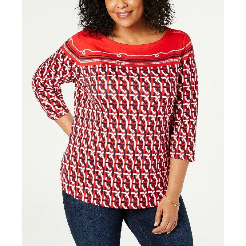 Charter Club Plus Women's Pima Cotton Nautical Knot Printed Top Red Size 1X