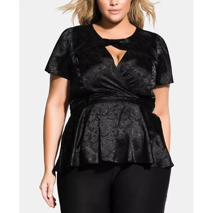 City Chic Women's Trendy Plus Faux Wrap Peplum Top Black Size 24W