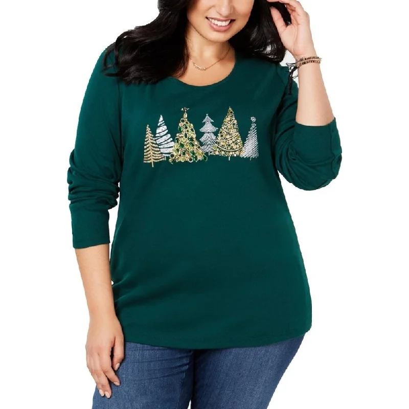 Karen Scott Women's Plus Christmas Tree Printed Top Green Size 3X