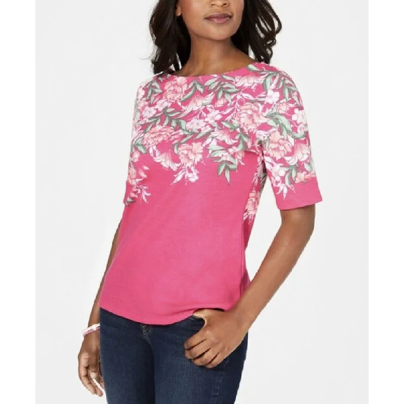 Karen Scott Women's Plus Floral-Print Boat-Neck Top Pink Size 1X