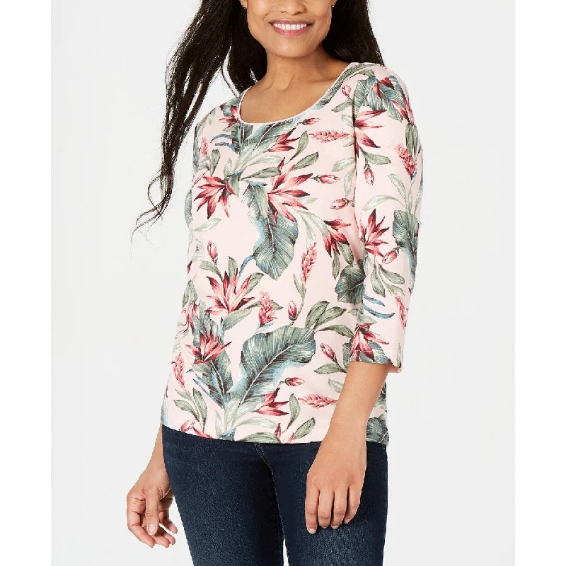 Karen Scott Women's Plus Palm-Print 3/4-Sleeve Top Pink Size 1X