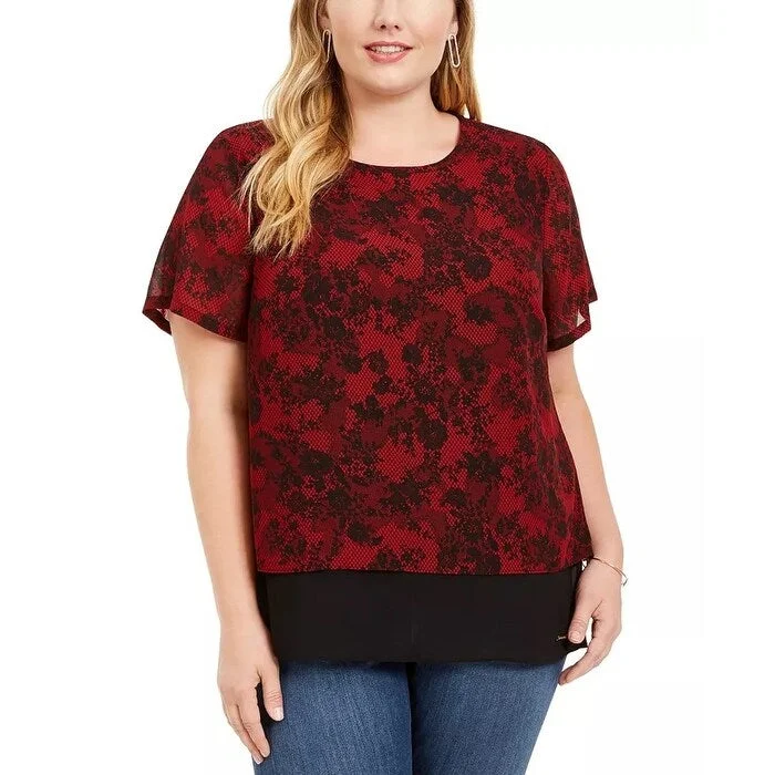 Michael Michael Kors Women's Plus Lace Print Chiffon Hem Top Red Size 1X