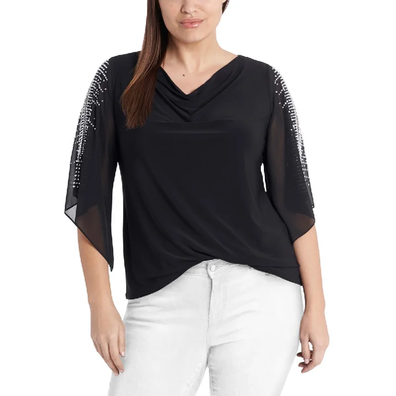 Plus Womens Drape-Neck Beaded Blouse