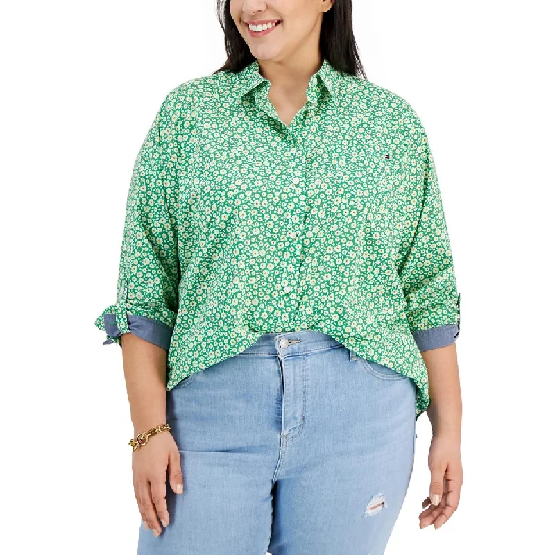 Plus Womens Floral Print Point-Collar Button-Down Top