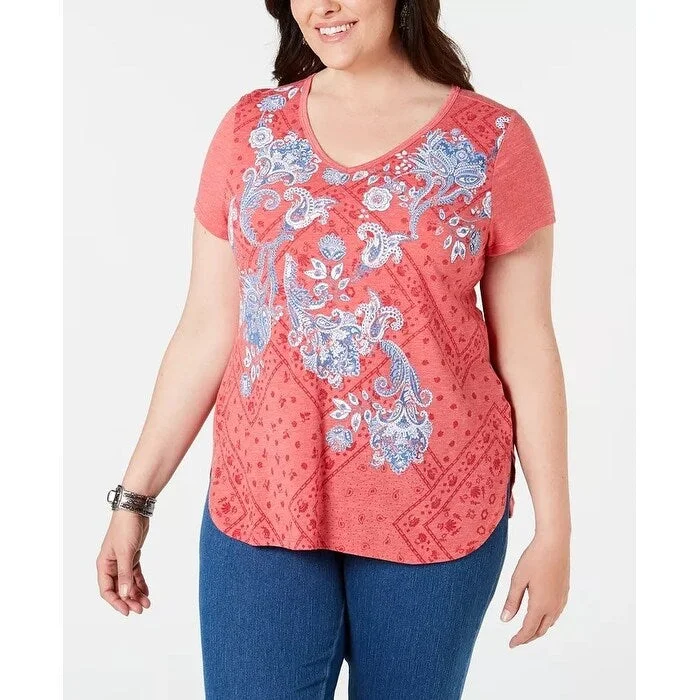 Style & Co Women's Plus Printed Vented Hem Top Red Size 3X