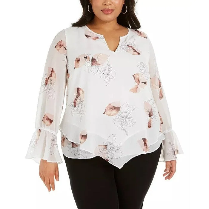 Alfani Women's Plus Printed Bell Sleeve Blouse White Size 1X