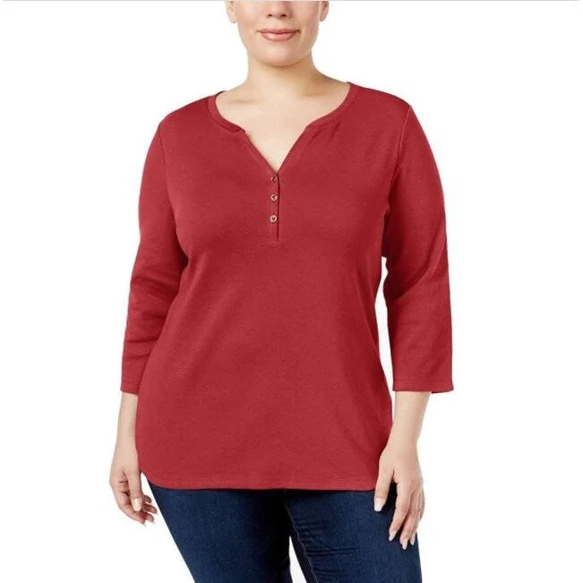 Karen Scott Women's Plus Cotton Split Neck Top Red Size 1X