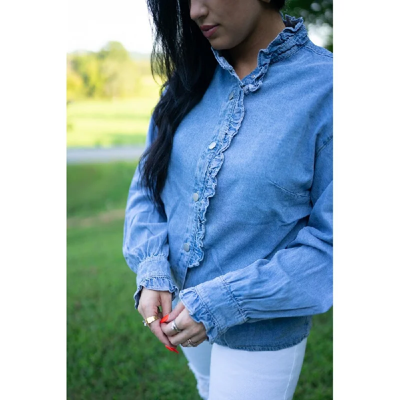 Allyson Ruffled Long Sleeve Buttoned Denim Shirt