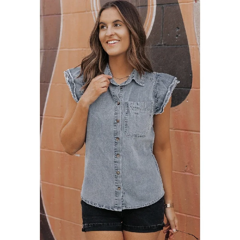 Bridget Frayed Ruffle Sleeve Denim Shirt