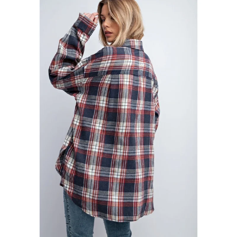 Long Sleeves Collared Neckline Plaid Button Down Shirt With Front Flap Pockets