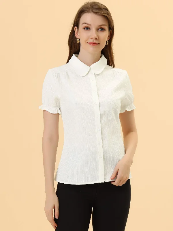 Cotton Frilled Top Turndown Collar Solid Blouse Shirt