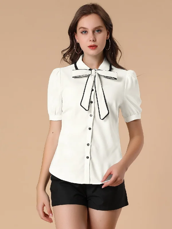 Peter Pan Collar Blouse Bow Tie Neck Work Office Button Down Shirt