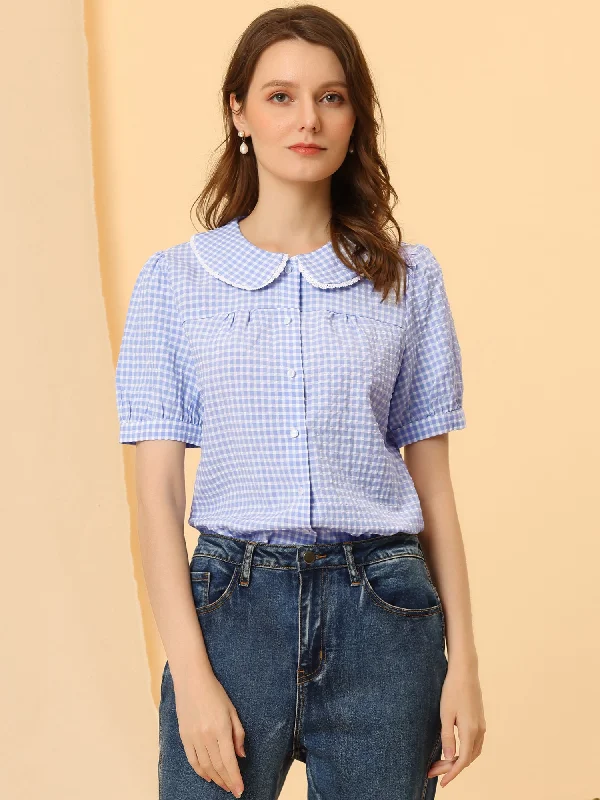 Peter Pan Collar Gingham Plaid Puff Sleeve Button Down Shirt