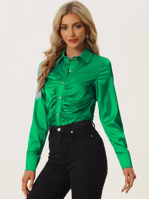 Women's Satin Blouse Long Sleeve Point Collar Fashion Button Up Shirt