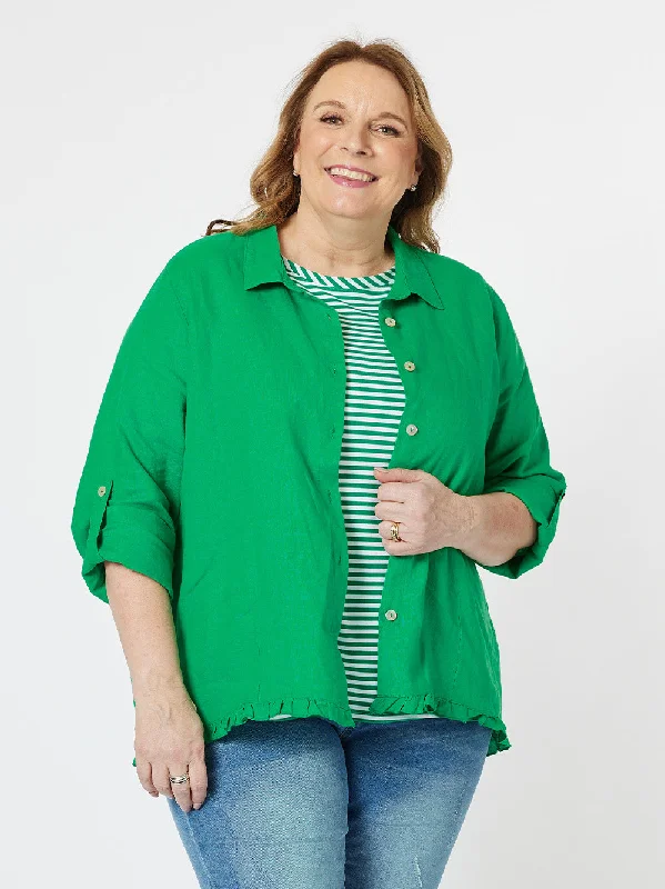 Ruffle Hem Linen Shirt - Emerald