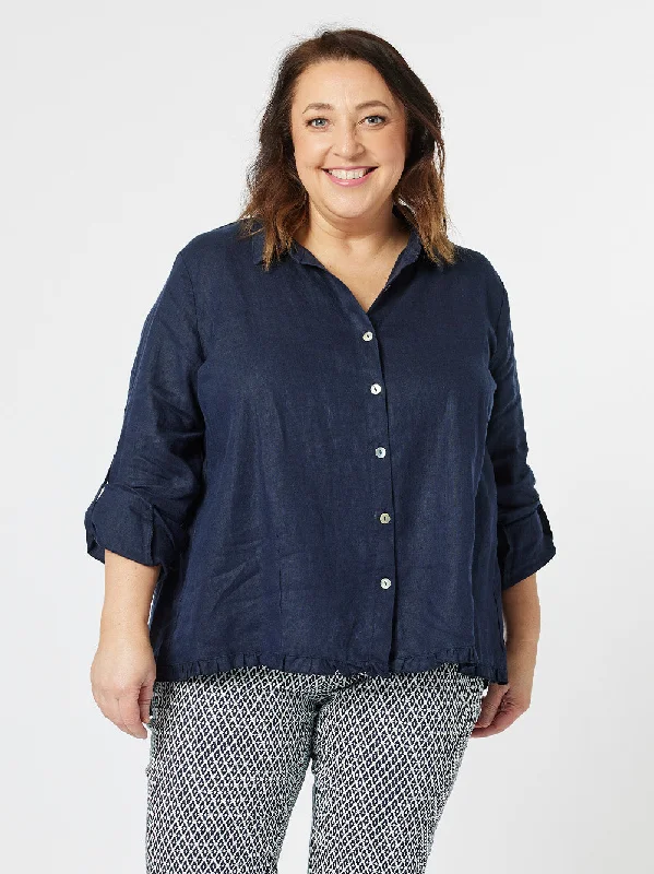 Ruffle Hem Linen Shirt - Navy