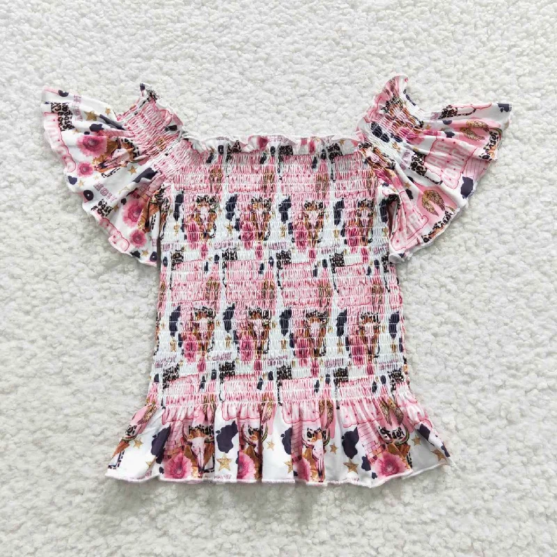 Pink mama leopard cow print short sleeved one shoulder top GT0183