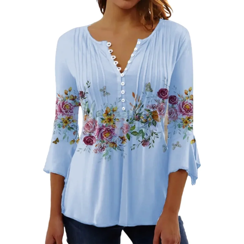 LUXUR Women Button Up Blouses Floral Print Shirts V Neck Pleated Front Blouse Tops Summer Casual T-shirts