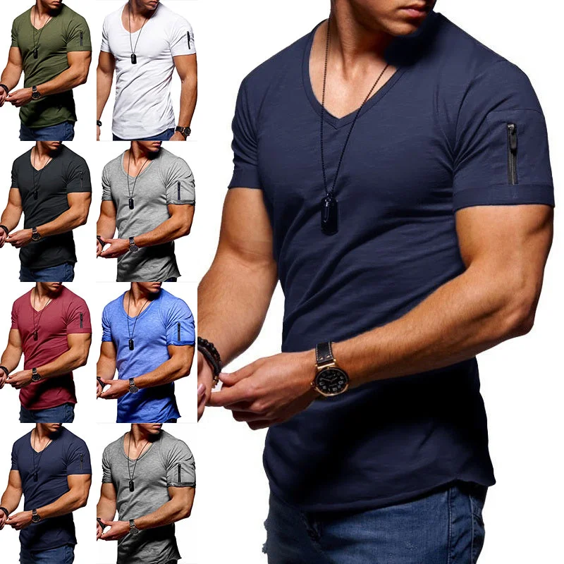 Men Casual Short Sleeve V Neck Tops T-shirt Blouse Pullover Basic Tee Zip Pocket