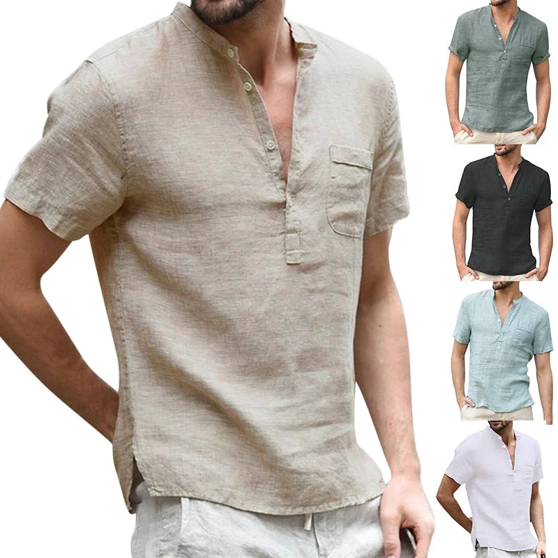 Men Casual Stand Collar Shirt Short Sleeve T-Shirt Buttons Tops Blouse Pullover