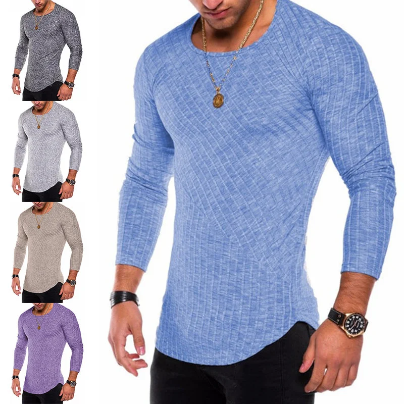 Men Crew Neck Solid Color Long Sleeve Tops Casual Slim Fit T-Shirt Blouse Tunic