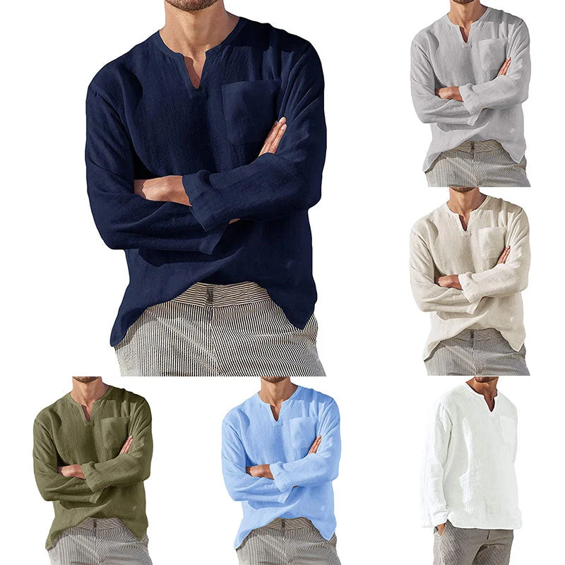 Men Solid Color V Neck Pocket Long Sleeve T-Shirts Casual Tops Blouse Tunic Tee