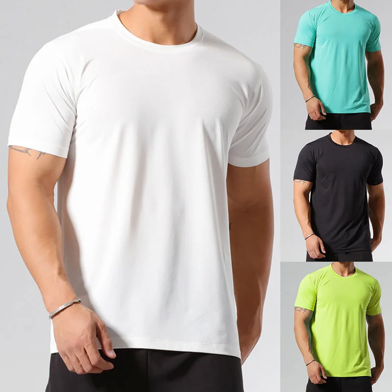 Men Solid Ice Silk Sport T-Shirt Fitness Muscle Stretch Tops Pullover Quick Dry