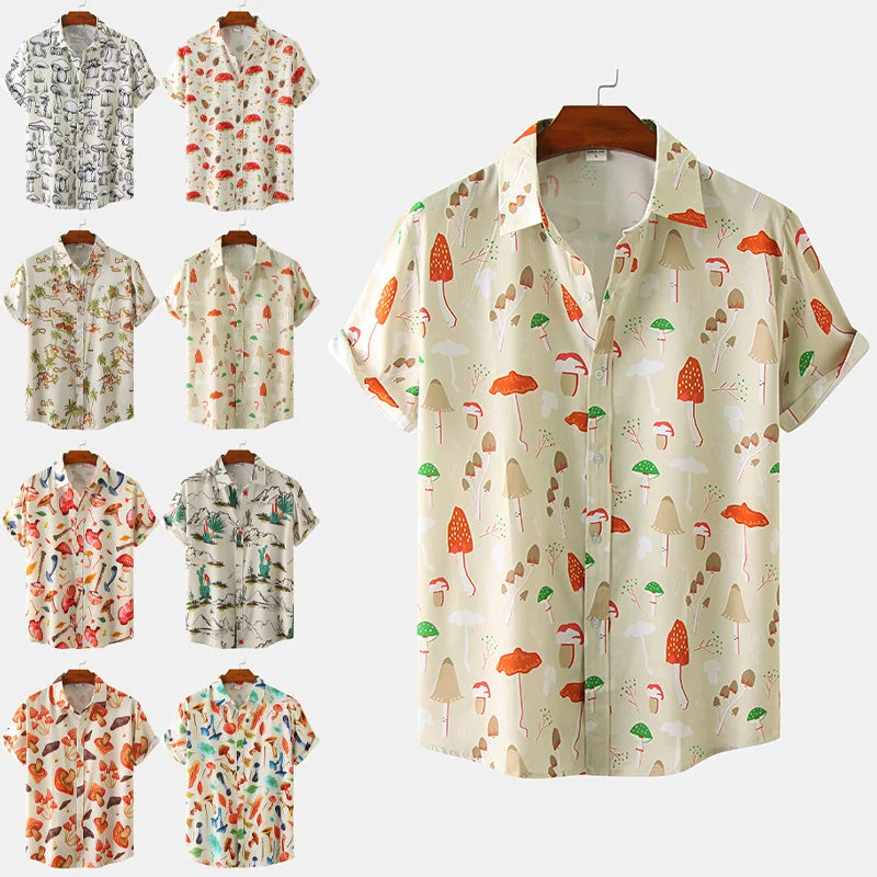 Mens Button Down Shirt Casual Loose Tops Summer Hawaiian Shirts Lapel Neck Short Sleeve T-shirt Mushroom Print Blouse