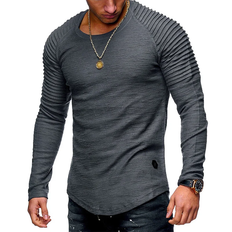 Mens Long Sleeve Crew Neck Tops Casual Ruched T-Shirts Blouse Pullover Tunic Tee