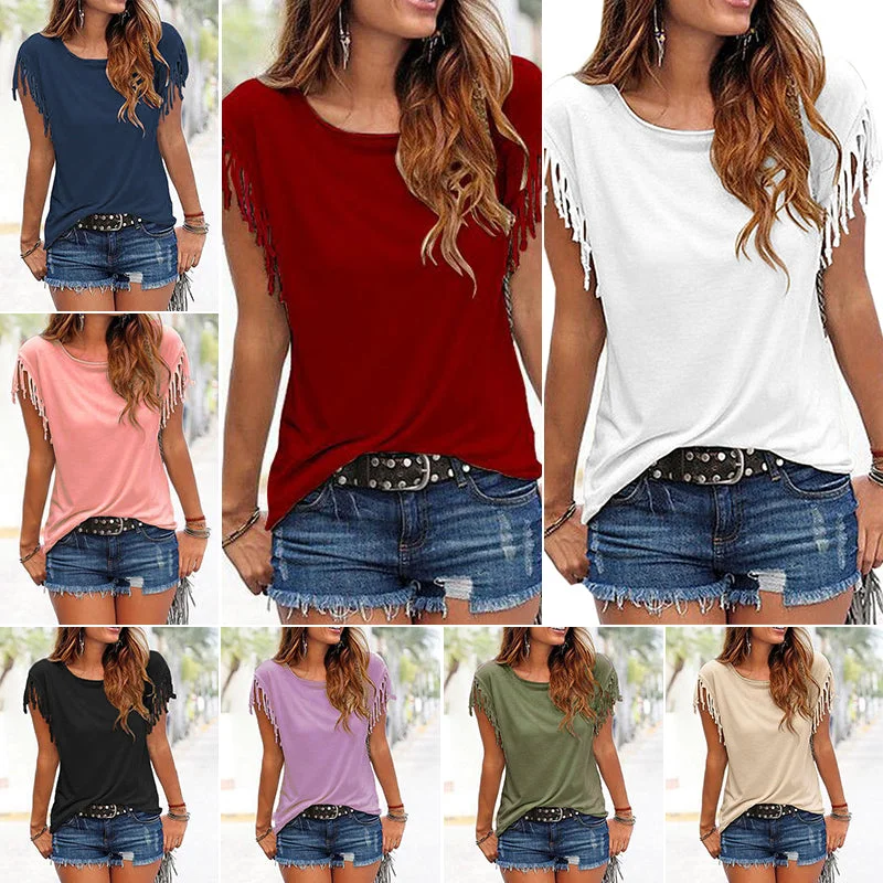 Plus Size Women Summer Short Sleeve Tassel Casual Tops Blouses Solid T-Shirt Bodycon Scoop Neck Shirt