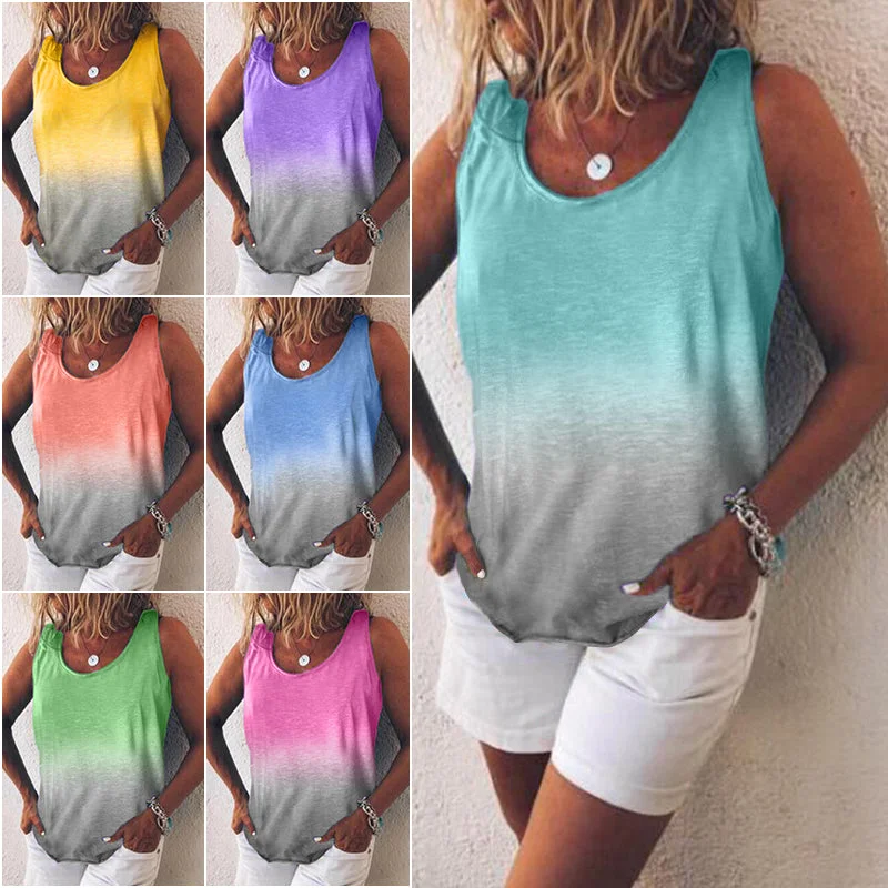 Plus Size Womens Loose Sleeveless T-shirt Ladies Gradient Summer Top Blouse