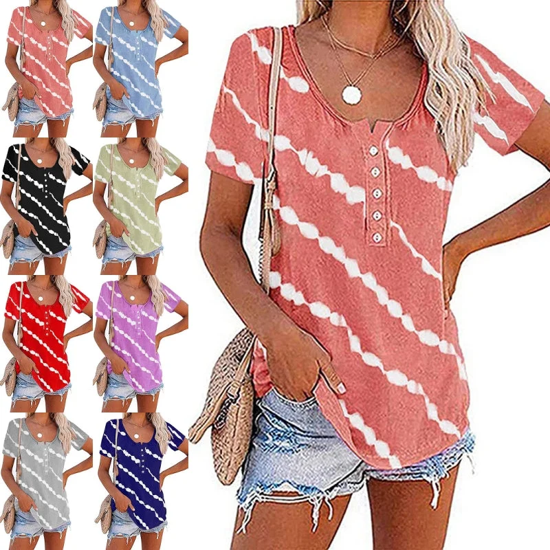 Stripe Tunic Tops for Women Summer Button Up Short Sleeve Tie-dye T-Shirt Blouse