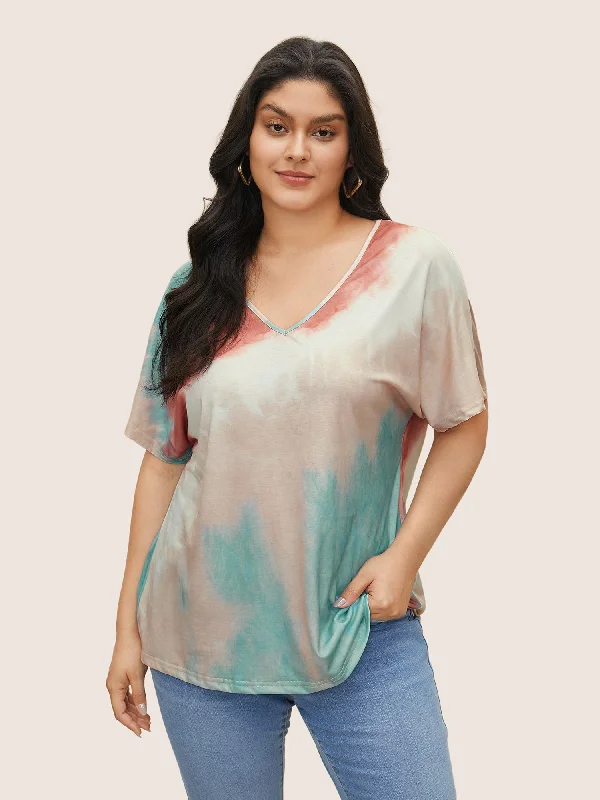 Tie Dye Drop Shoulder V Neck T-shirt